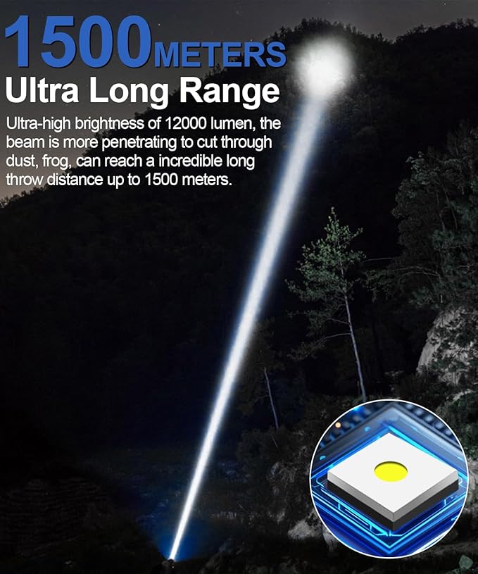 Rechargeable Flashlight High Lumens-12000LM Super Bright Magnetic Flash Light with Power Digital Display,3280Ft Long Range,Dimmable,Waterproof,Pocket LED Flashlights for Emergency Camping 2PC Blue