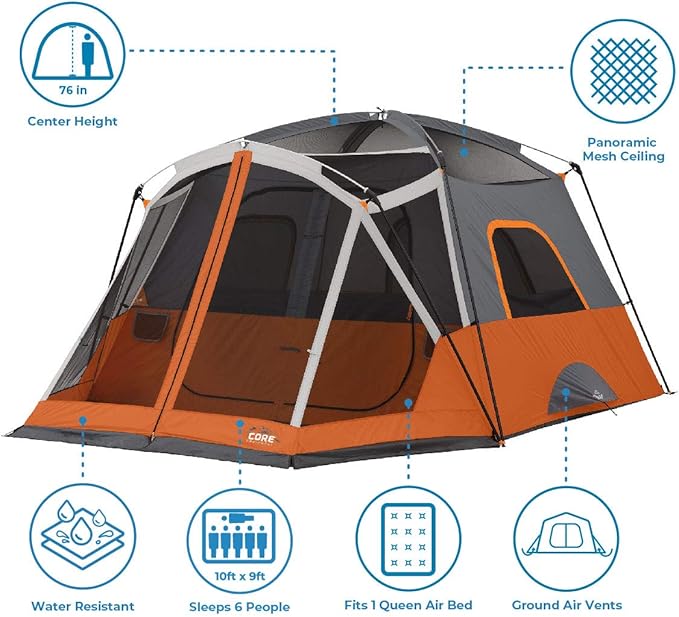 CORE Tent for Family Camping | 4 Person & 6 Person Portable Camp Tent with Carry Bag for Outdoor Car Camping | Included Gear Loft Organizer for Camp Accessories