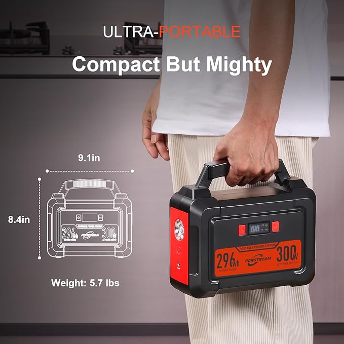 300W Portable Power Station POWSTREAM Camping Outdoor Generator, 296Wh Lithium Ion Battery Power Supply with PD Fast Charging, 110V AC Output LED Flashlight for CPAP Outdoors RVs Emergency Blackout