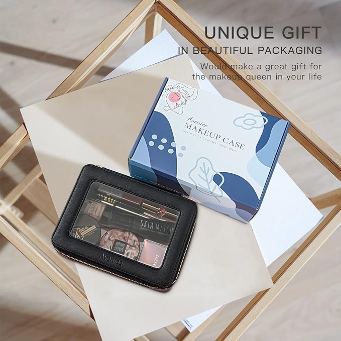 Aveniee Clear Makeup Bag, Portable Travel Toiletry Bag Cosmetic Case for Women, Vegan Leather Make Up Pouch Organizer Car Bag for Essentials 2pcs(Middle & Large) - Black