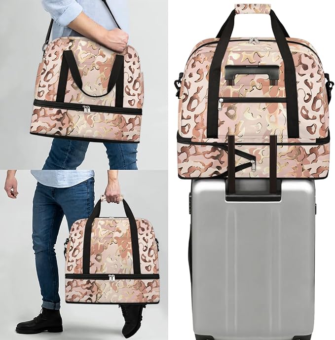 cfpolar Woman Travel Duffel Bag Leopard Print Animal Foldable Tote Carry On Luggage Sports Gym Bag With Shoe Compartment Overnight Weekend Yoga Workout Bag Training Handbag