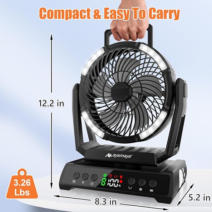 ayamaya Camping Fan with Light 20000mAh Rechargeable Tent Fan with Remote, 9 Speeds Battery Powered Fans with Digital Display, Timer, Auto Oscillation & Hook for Camping, Outdoor Tents, Hurricane