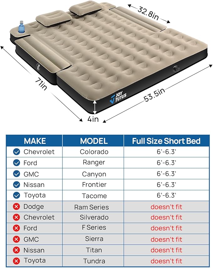 JOYTUTUS Truck Bed Air Mattress for 6.0-6.3Ft, Compact Regular Truck Beds,Anti-Leakage, with Air Pump&2 Pillows, Inflatable Pickup Mattress,Compatible with Tacoma&Ranger&Frontier,Camel&Black