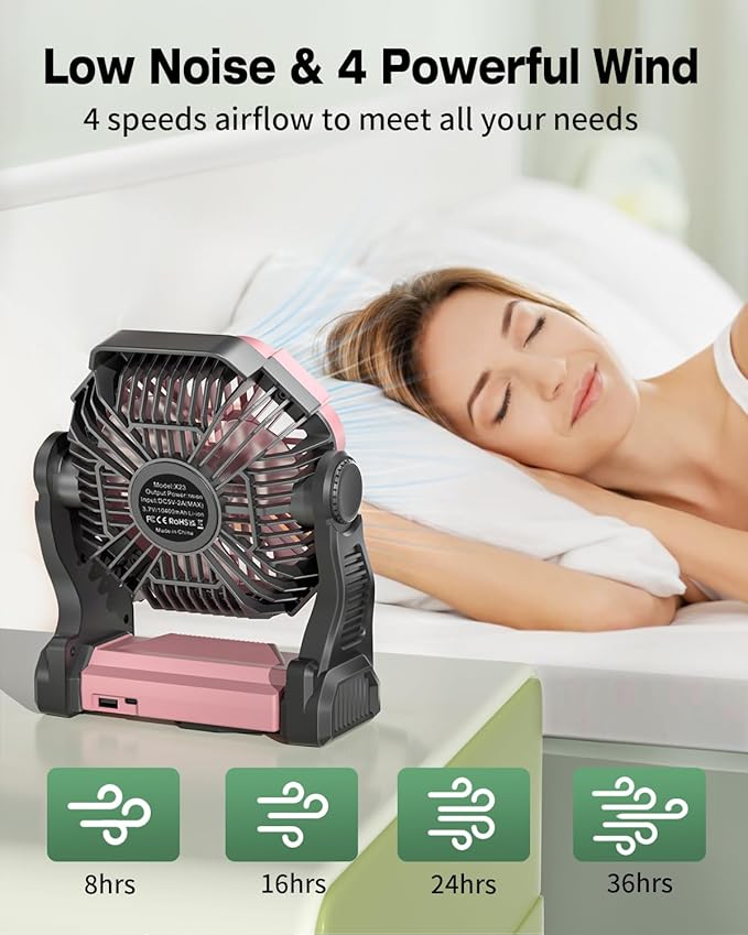 Camping Fan Rechargeable, Cordless Battery Powered Camping Fan with LED Lantern, Hanging Hook, 270°Rotation, 20000mAh Personal Battery Operated for Beach, Picnic, Fishing, Travel, Tent, BBQ