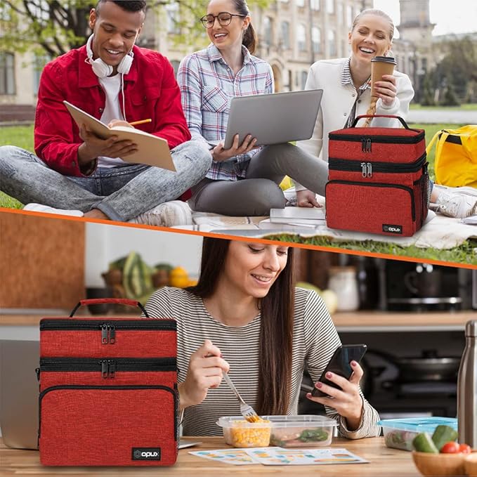 opux Insulated Lunch Bag for Men Women, Large Dual Compartment Cooler Bag, Soft Two Deck Lunch Box for Work School Picnic, Leakproof Lunch Tote with Shoulder Strap for Kid Adult (Red, Double Deck)
