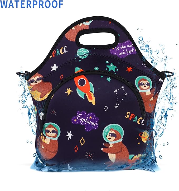 Violet Mist Neoprene Lunch Bag Insulated Lunch Bag Tote Cute Large Thermal Lunchbags with Pocket Detachable Adjustable Shoulder Strap Lunchbox Food Handbags Gifts for Women Men Adult, Space Sloth