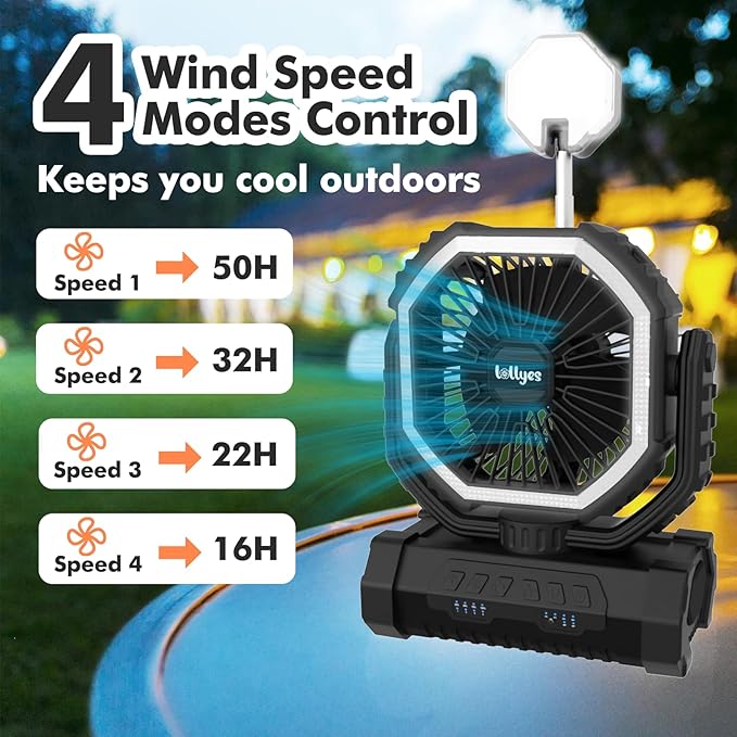 Portable Fan, AI Outdoor Rechargeable Camping Fan with Light, 20000mAh Battery Powered, 360° Rotating Hook, 4 Speeds for Indoor, Traveling, Tenting, RVing, Fishing, Beach (Black)