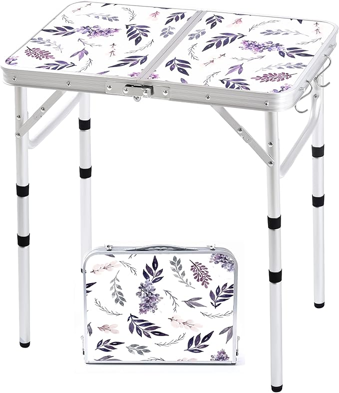 Folding Camping Table 2ft Portable Pinic Table Adjustable Height Small Card Table Aluminum Foldable Lightweight with Carry Handle for Outdoor Indoor Hiking Camp BBQ Beach (Misty Lilac)