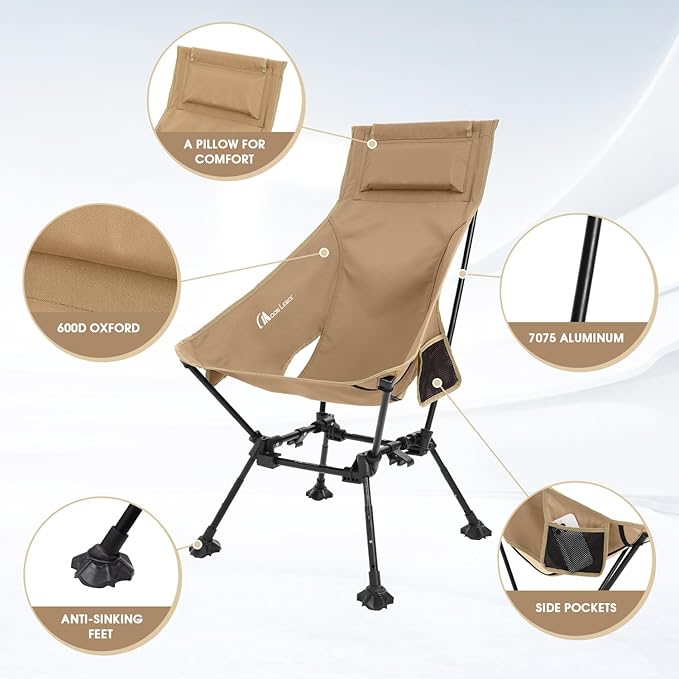 MOON LENCE High Back Folding Camping Chairs, Adjustable Height Beach Chair with Anti-Sinking Feet & Widened Seat (Khaki)