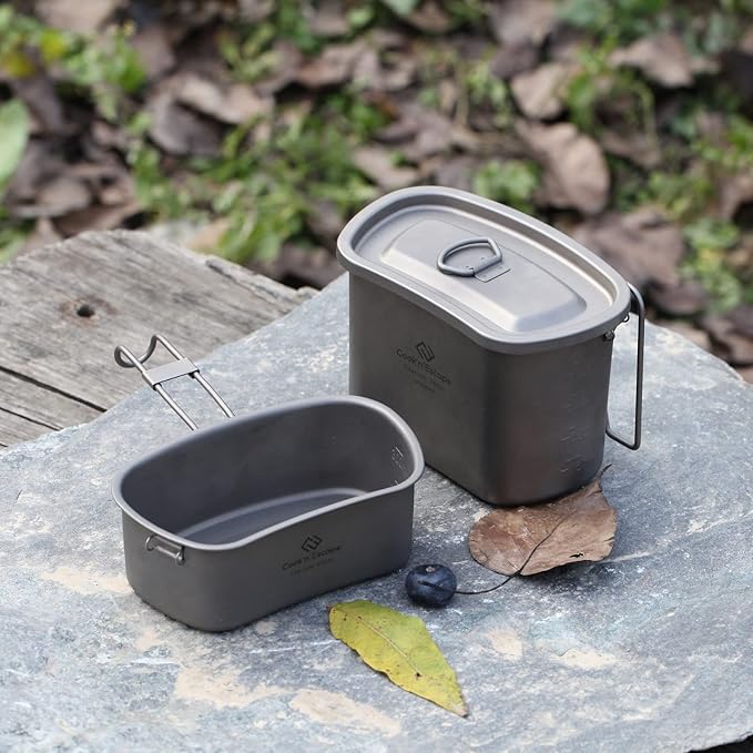 COOK'N'ESCAPE Titanium Camping Cooking Pot, Camping Cookware Set with Folding Handle,Compact Frying Pan Open Over Fire Cooking for Outdoor Backpacking Hiking Picnic