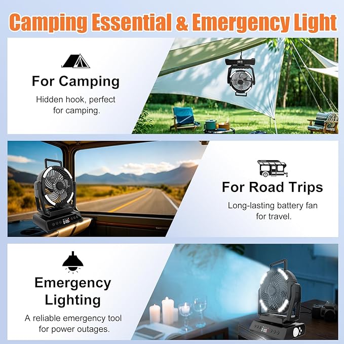 ayamaya Camping Fan with Light, 40000mAh Rechargeable Tent Fan with Remote, 9 Speeds Battery Powered Fans with Digital Display, Timer, Auto Oscillation & Hook for Camping, Outdoor Tents, Hurricane
