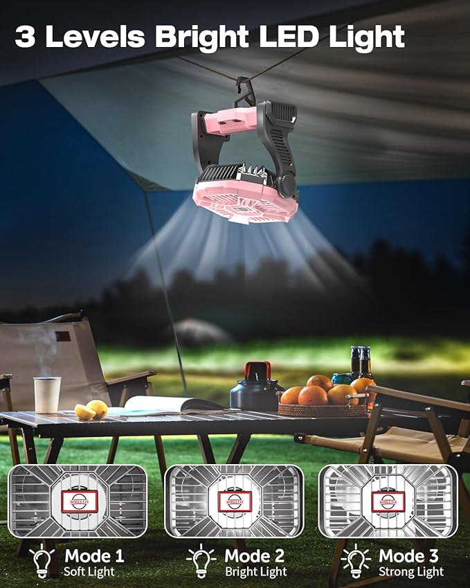 Camping Fan Rechargeable, Cordless Battery Powered Camping Fan with LED Lantern, Hanging Hook, 270°Rotation, 20000mAh Personal Battery Operated for Beach, Picnic, Fishing, Travel, Tent, BBQ