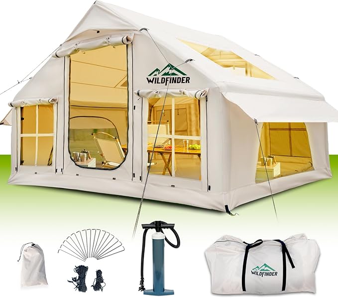 Inflatable Tent with Skylight, Quick Setup Blow Up Tents with Pump, Hot Tent with Stove Jack, Waterproof Oxford Inflatable House for Camping, Air Glamping Tents for Camping Adult 4-6 Person