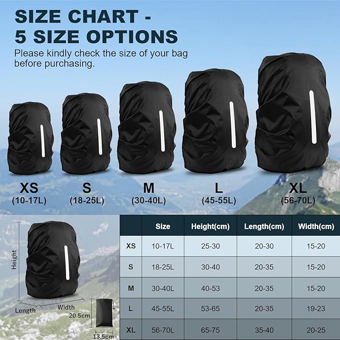 LAMA 2pcs Waterproof Rain Cover for Backpack, Reflective Rainproof Protector for Anti-dust and Anti-Theft L 45L-55L Black