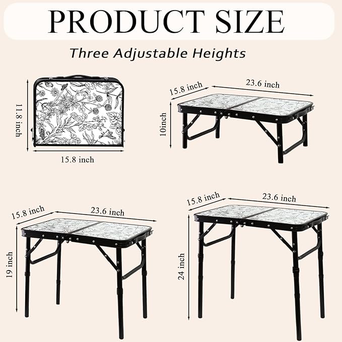 Toile de Jouy-Inspired Camping Table, Vintage French Floral Pattern Folding Table, Adjustable Height, Lightweight & Portable Outdoor Picnic Table with Carry Handle for Patio, Living Room, Travel