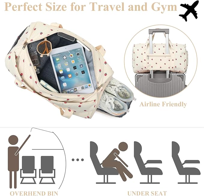 Gym Bag Sports Duffle Bag with Wet Pocket Weekender Overnight Bag with Waterproof Shoe Pouch and Air Hole for Girls Kids Women Travel Foldable Bag