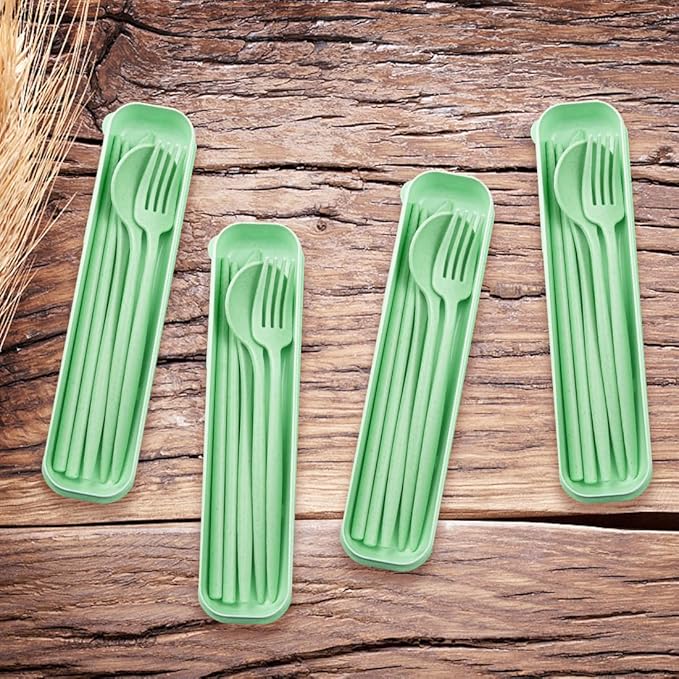 ELANE 4 Sets Reusable Travel Utensils Set with Case,Camping Cutlery Set Reusable Cutlery Set with Case,Utensil Sets for Lunch Picnic Daily Use Outdoor (lightgreen)