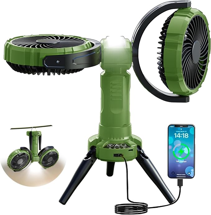 Solar Camping Fan Rechargeable,6000 mAh Battery Powered Automatic Oscillating Tent Fans with 4 Solar & LED Light Panals,Portable Camping Essentials for Canopy,Fishing,Travel,Outdoor,Green