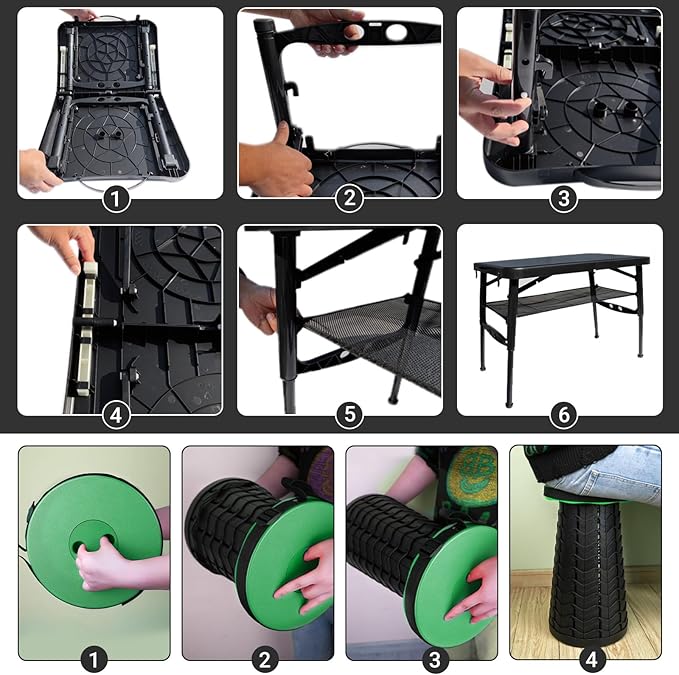 Small Folding Table and Stool, Portable, Adjustable Height, Camping & Picnic Table, 4 Foot, Lightweight