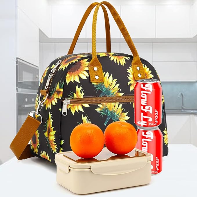 FlowFly Insulated Lunch Bag With Shoulder Strap for Women, Men, and Kids, Large and Reusable, Handle, Freezable Work and School Travel Tote and Meal Prep Organizer,Sunflower