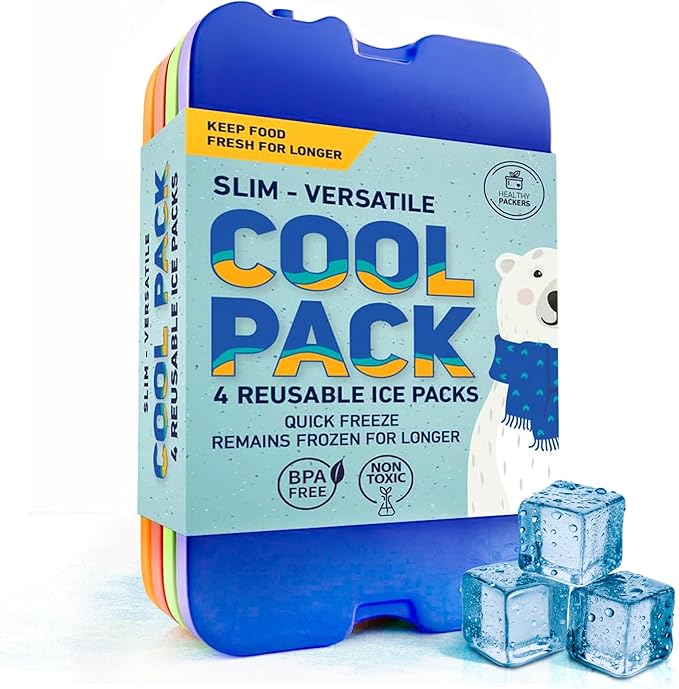 Healthy Packers Slim & Long-Lasting Reusable Ice Packs for Lunch Bags and Cooler Bags (Set of 4)