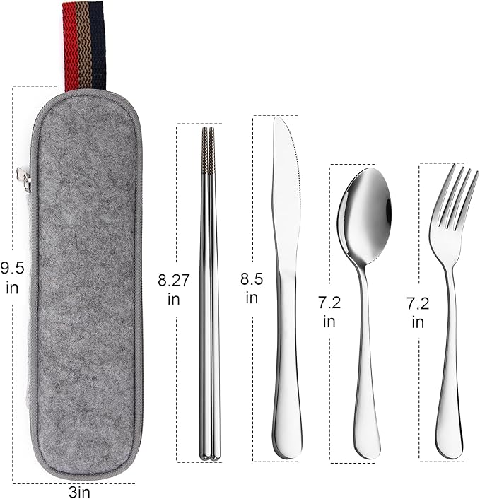 DEVICO Camping Utensils, Portable Travel Utensils with Case, Stainless Steel Reusable Silverware for Lunch Adult, 5Pcs Cutlery Set Includes Knife Spoon Fork Chopsticks and Case (Silver)