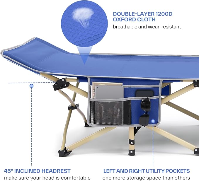 Sportneer Camping Cot: 1200D Double Layer Oxford Foldable Camping Cots for Adults - Heavy Duty Cots for Camping Travel Tent Day Outdoor & Home Guest, Camping Cots with Carry Bag & 2 Side Pockets