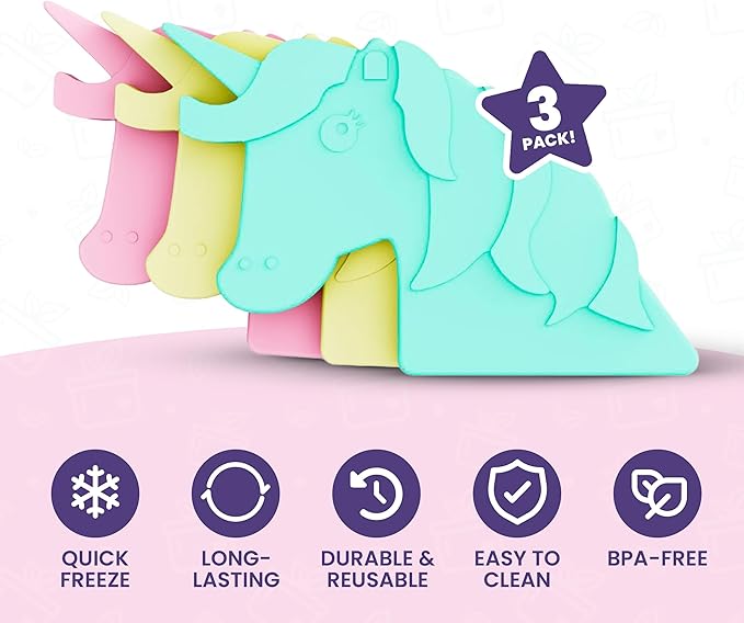 Unicorn Slim Reusable Ice Packs - 3-Pack Long-Lasting for Lunch Boxes, Lunch Bags, and Coolers - Multicolored