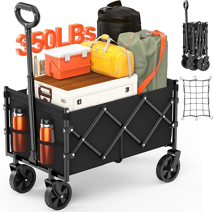 Foldable Wagon with Wheels, Portable Heavy Duty Collapsible Beach Cart - Large Capacity Utility Wagon for Shopping, Sports, Camping,Garden,Grocery - Black