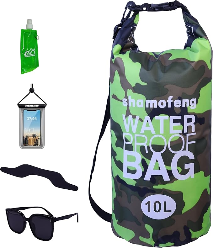 Waterproof Dry Bag Combo 5-30L Roll Top Dry Storage Bag Backpack for Kayaking Boating Beach Camping Travel Fishing, w/Phone Case & Collapsible Water Bottle & Sunglasses & Ear Band,Green 15L