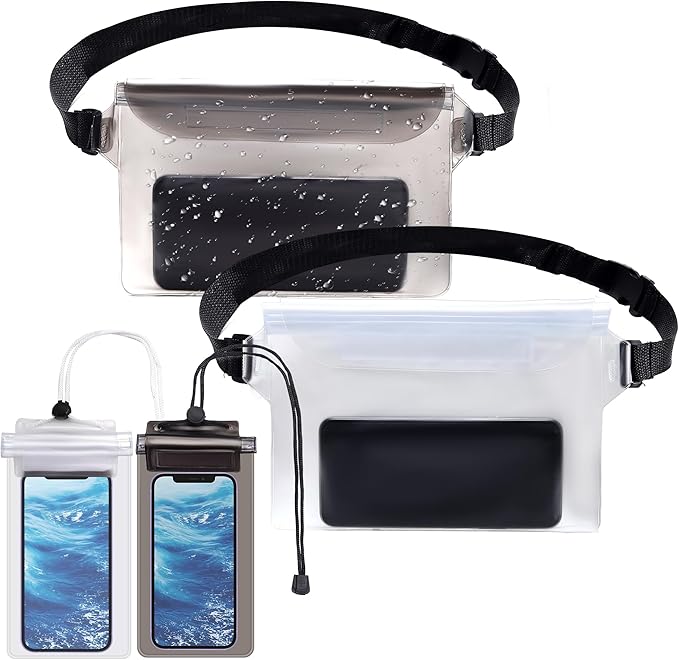 4 Pack Waterproof Fanny Pack with Waist Strap Waterproof Phone Pouch Dry Bag for Kayaking Pool Swimming Boating Beach Fishing Travel Diving Surfing (Black & White, 2 Fanny Pack + 2 Pouch Bag)