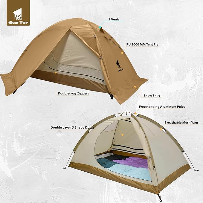 GEERTOP Ultralight 2 Person Backpacking Tent 4 Season Waterproof Camping Tent Double Layer Cold Weather Easy Set Up Tents for Family Camp, Hiking, Hunting Outdoor Mountaineering Travel