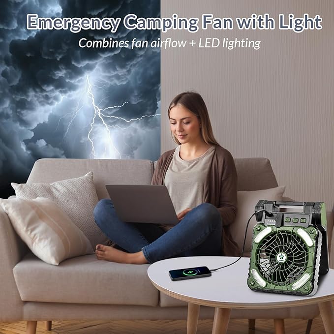 Indwell Portable Solar Camping Fan with LED Lantern - Rechargeable Battery Powered 5200mAh, Power Bank Function 4-Speed Cooling Dual Solar USB-C Charging Foldable for Outdoor Camping, Tent & Travel