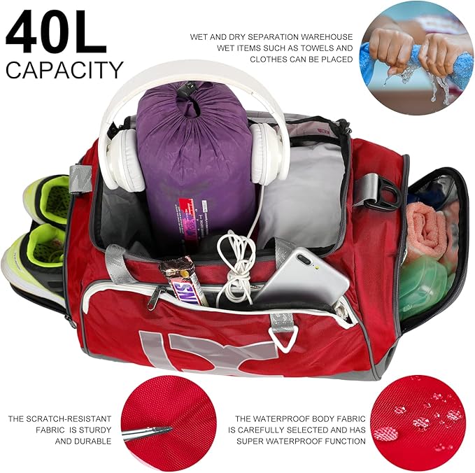 Sports Gym Bag,INOXTO Travel Duffel Bag with Dry Wet Pocket And Shoe CompartmentFor Women and Men,40L/55L Fitness Waterproof Weekender Bag For Swim Sports Travel Working Out (Red, 40L)