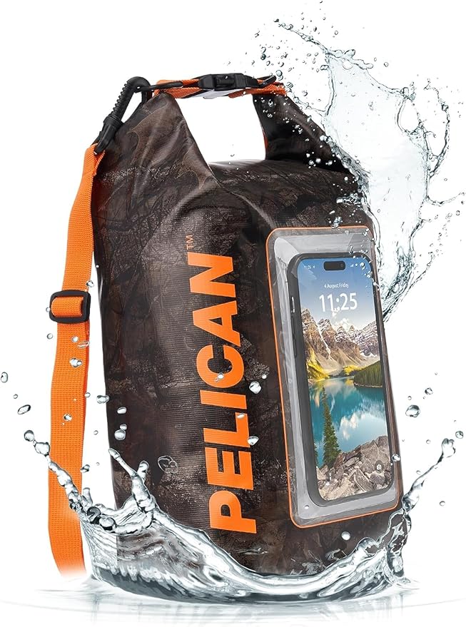 Pelican Marine IP68 Waterproof Dry Bag 5L - Roll Top Waterproof Backpack w/Phone Case/Pouch - Boating & Kayak Accessories - Essentials for Camping Swimming Beach Fishing Rafting Travel - Hunter Camo