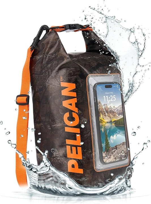 Pelican Marine IP68 Waterproof Dry Bag 5L - Roll Top Waterproof Backpack w/Phone Case/Pouch - Boating & Kayak Accessories - Essentials for Camping Swimming Beach Fishing Rafting Travel - Hunter Camo