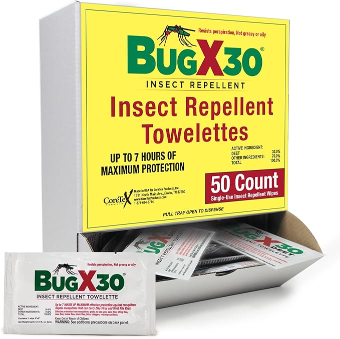 CoreTex Bug X 30 Mosquito, Tick, & Insect Repellent Wipes with 30% DEET - Pack of 50 Single-Use Bug Repellent Wipes for Up to 7 Hours of Reliable Protection Against 12 Types of Biting Insects