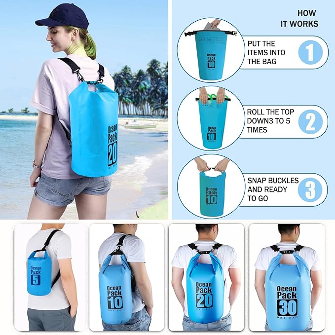 Floating Waterproof Dry Bag Backpack 5L/10L/20L, Roll Top Bag for Kayaking, Rafting, Boating, Swimming, Camping, Hiking, Beach, Fishing, Waterproof Beach Bag. (Blue, 30L)