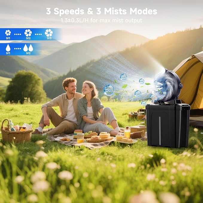 Portable Misting Fan with 11L Large Bucket for Outdoor Patios, 20000mAh Battery Operated Camping Fan with Hanging & Lighting, 3 Speed & 3 Spray Outlets, Rechargeable Fans for Fishing Garden
