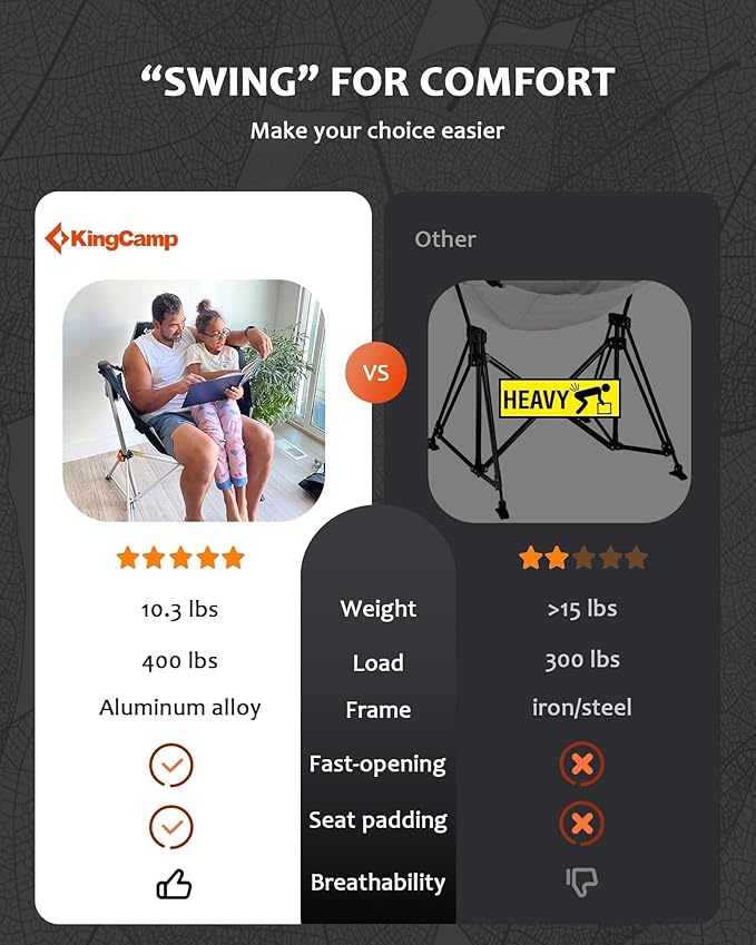 KingCamp Hammock Chair with Footrest, Swinging Portable Folding Camping Chairs for Adults MAX 400lbs Heavy Duty Foldable Oversized Rocker with Cup Holder Pillow for Outdoor Beach Patio Sport Lawn