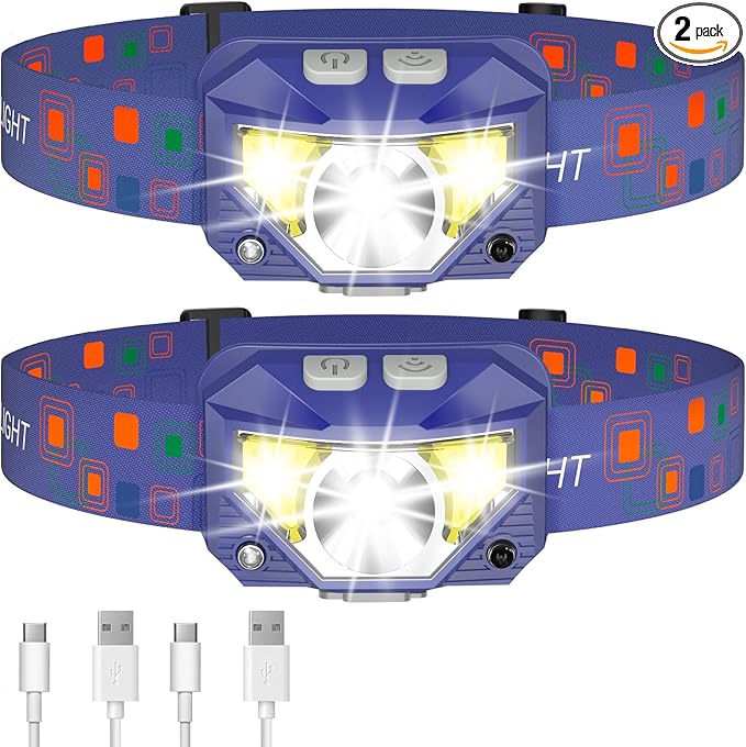 LHKNL Headlamp Flashlight, 1200 Lumen Ultra-Light Bright LED Rechargeable Headlight with White Red Light,2-Pack Waterproof Motion Sensor Head Lamp,8 Modes for Outdoor Camping Running Fishing- Blue