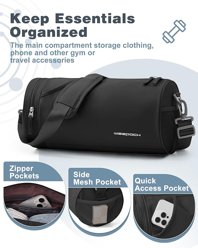 Gym Bag for Women,Men Small Duffle Travel Bags for Women Weekender Bag Waterproof Workout Bag Mini Carryon Sports/Swim Bags for Swimmers with Wet Clothes Compartments BLACK