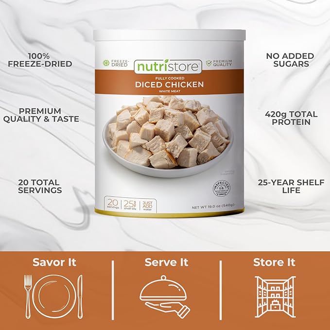 Nutristore Freeze Dried Chicken, Emergency Survival Bulk Food Storage, Premium Quality Meat, Perfect for Lightweight Backpacking or Home Meals, USDA Inspected