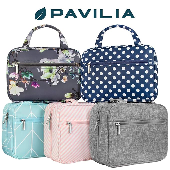 PAVILIA Hanging Toiletry Bag Travel Bag Women Men, Foldable Cosmetic Organizer, Roll up Makeup Bag, Water Resistant Accessories Toiletries, Large Travel Essentials Kit (Navy Polka Dot)