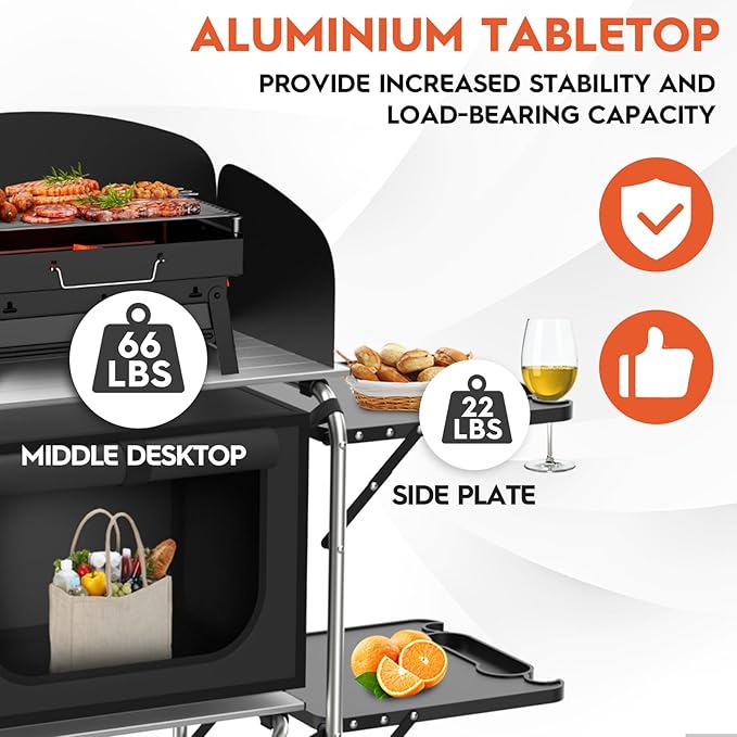 Camping Table, Aluminum Folding Camping Cook Station with Windshield, Upgrade Light Stand, Storage Bag, Quick Installation for Outdoor, Picnic, Cooking