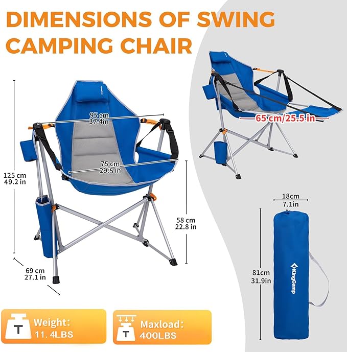 KingCamp Hammock Chair with Footrest, Swinging Portable Folding Camping Chairs for Adults MAX 400lbs Heavy Duty Foldable Oversized Rocker with Cup Holder Pillow for Outdoor Beach Patio Sport Lawn