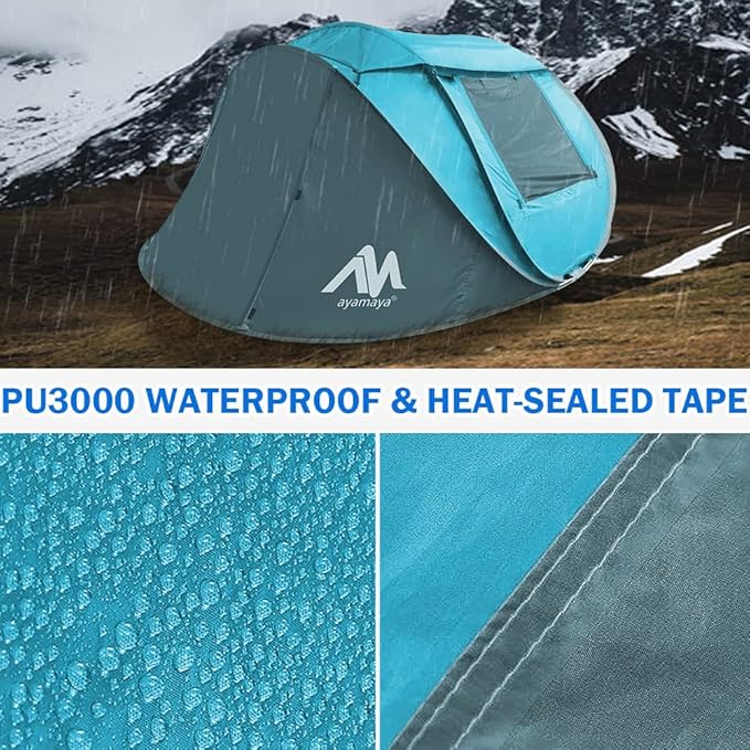 4 Person Pop Up Tents for Camping - AYAMAYA Waterproof Instant Family Tents with Skylight & Removable Rainfly, Upgraded Large Size with 2 Doors -Automatic Easy Setup Beach Tent with Poles