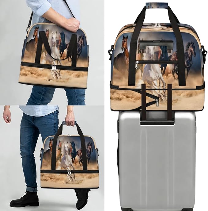 Running Horse Foldable Travel Duffel Bag, Expandable Sports Gym Bag with Shoes Compartment Weekender Overnight Totes Bags for Women Men