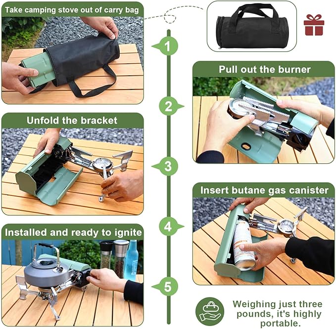 Hisencn Portable Camping Stove with Storage Bag | 8871 BTU/2600W High-Power Outdoor Gas Stove for Hiking, Picnic, RV Trips & Emergency Use | Windproof & Compact Design