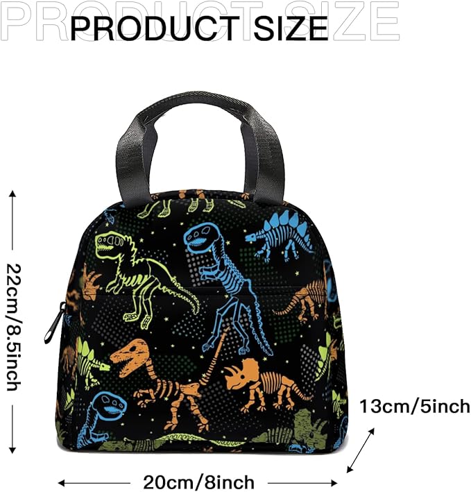 Giwawa Dinosaur Lunch Box for Kids, Colorful Dino Fossil Animal Print Reusable Lunch Bag Thermal Lunch Cooler Tote Bags for Boys Girls Men Women Travel Picnic, Front Pocket & Zipper Closure